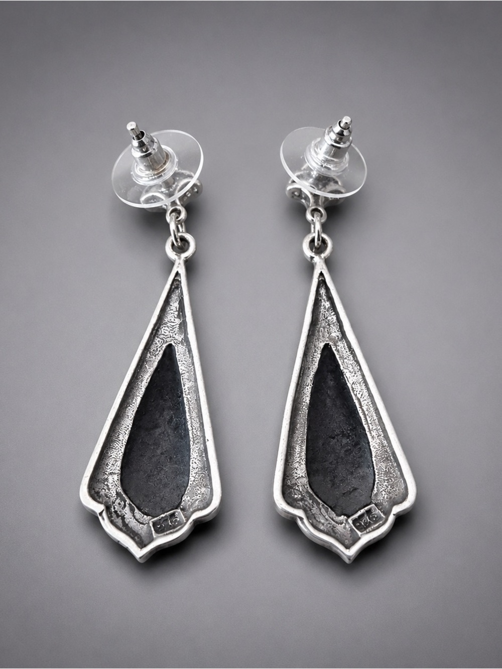 Art Deco Style Sterling Silver Marcasite Black Stone Dangle Earrings Vintage - Picture 4 of 4